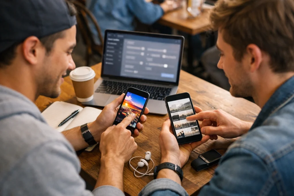 amigos en cafe comparando pantallas y usando filtro para elegir AMOLED vs OLED