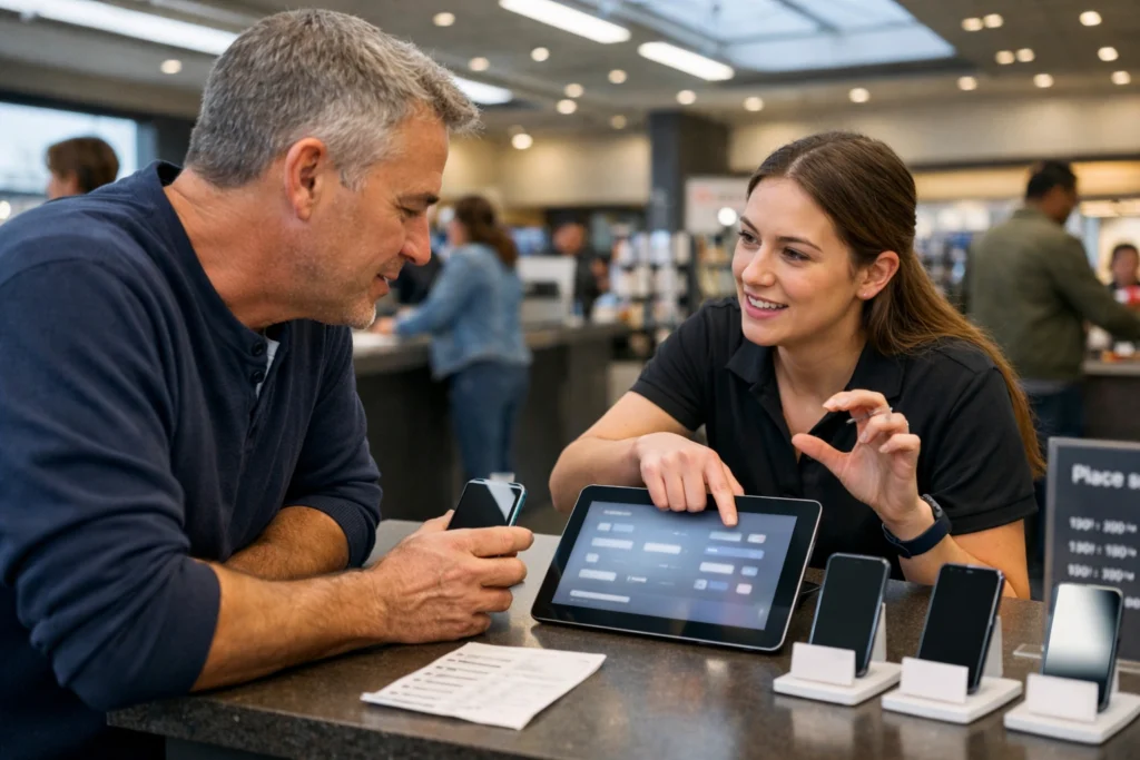 asesor de tienda explicando filtrado de moviles a cliente, pruebas tactiles en mostrador, como elegir un movil