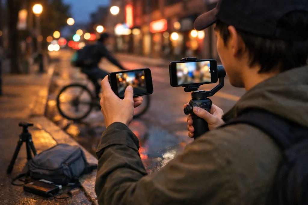 creador probando camara del movil en la calle al atardecer, estabilizacion y baja luz, como elegir un movil