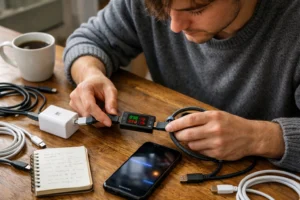 Persona comparando cables y cargadores sobre una mesa buscando compatibilidad de carga rapida samsung