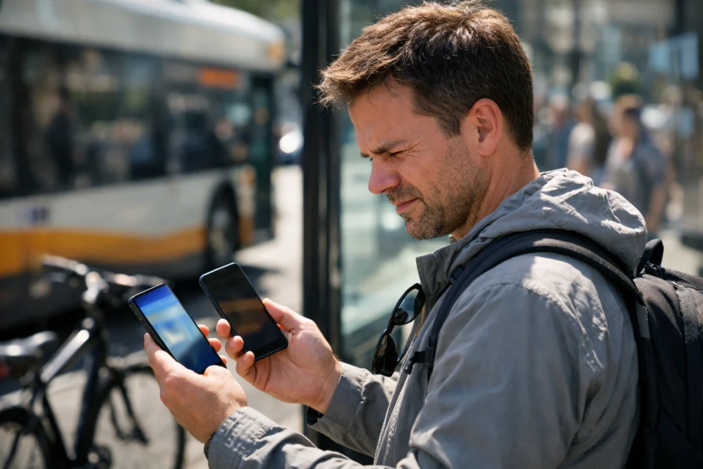 persona comparando dos móviles bajo el sol para ver AMOLED vs OLED visibilidad exterior