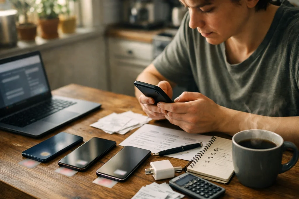 persona comparando moviles y presupuesto en mesa de cocina, evaluando opciones, como elegir un movil