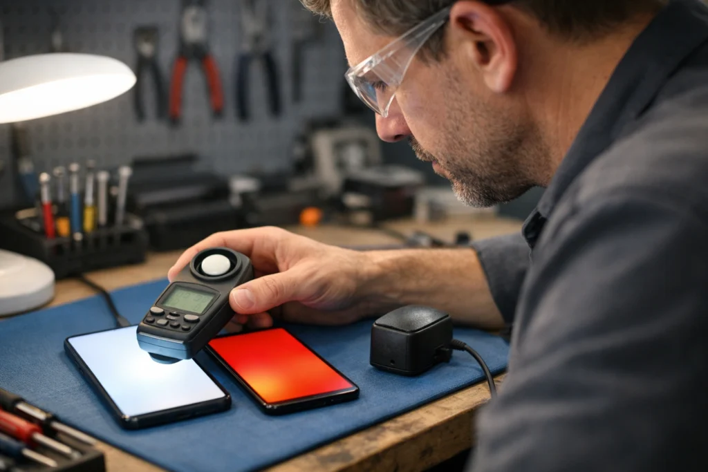 tecnico midiendo brillo y burn-in en taller comparando AMOLED vs OLED
