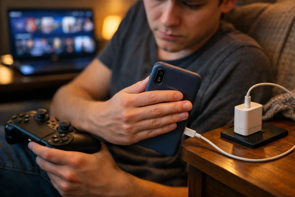 Usuario jugando mientras carga, móvil caliente y carga reducida, preocupación por carga rapida samsung