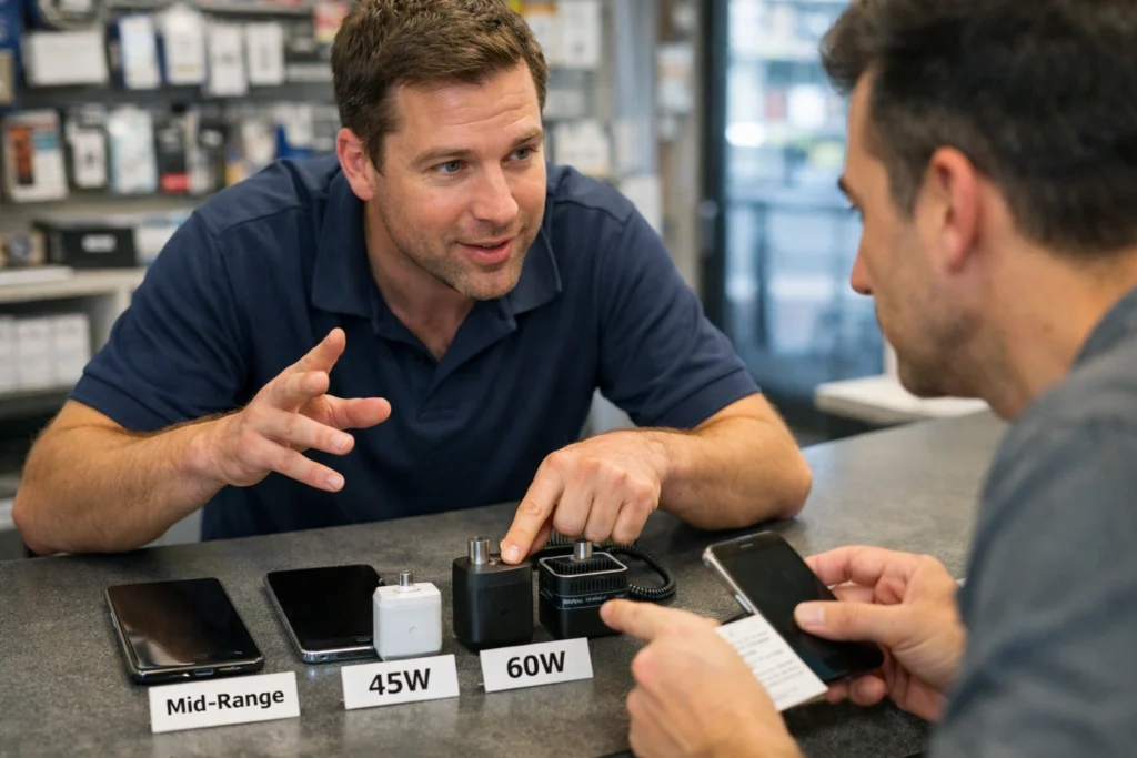 Vendedor explicando diferencias de 25W y 60W a cliente junto a móviles, análisis de carga rapida samsung