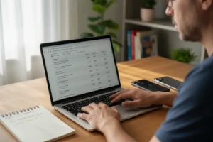 persona comparando varios móviles en portátil con tabla de precios y notas