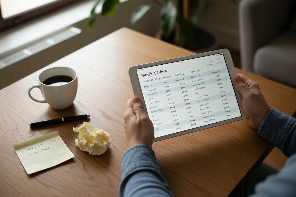 manos con tablet mostrando comparativa de móviles con precios