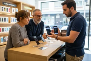 pareja en tienda de moviles recibiendo asesoramiento sobre dos modelos diferentes