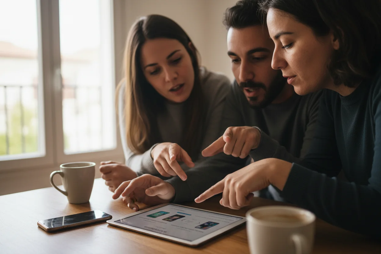 tres amigos decidiendo juntos que movil comprar mirando una tablet