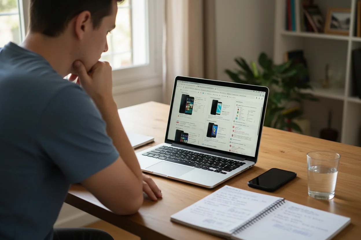 persona investigando modelos de moviles en el portatil con libreta de notas