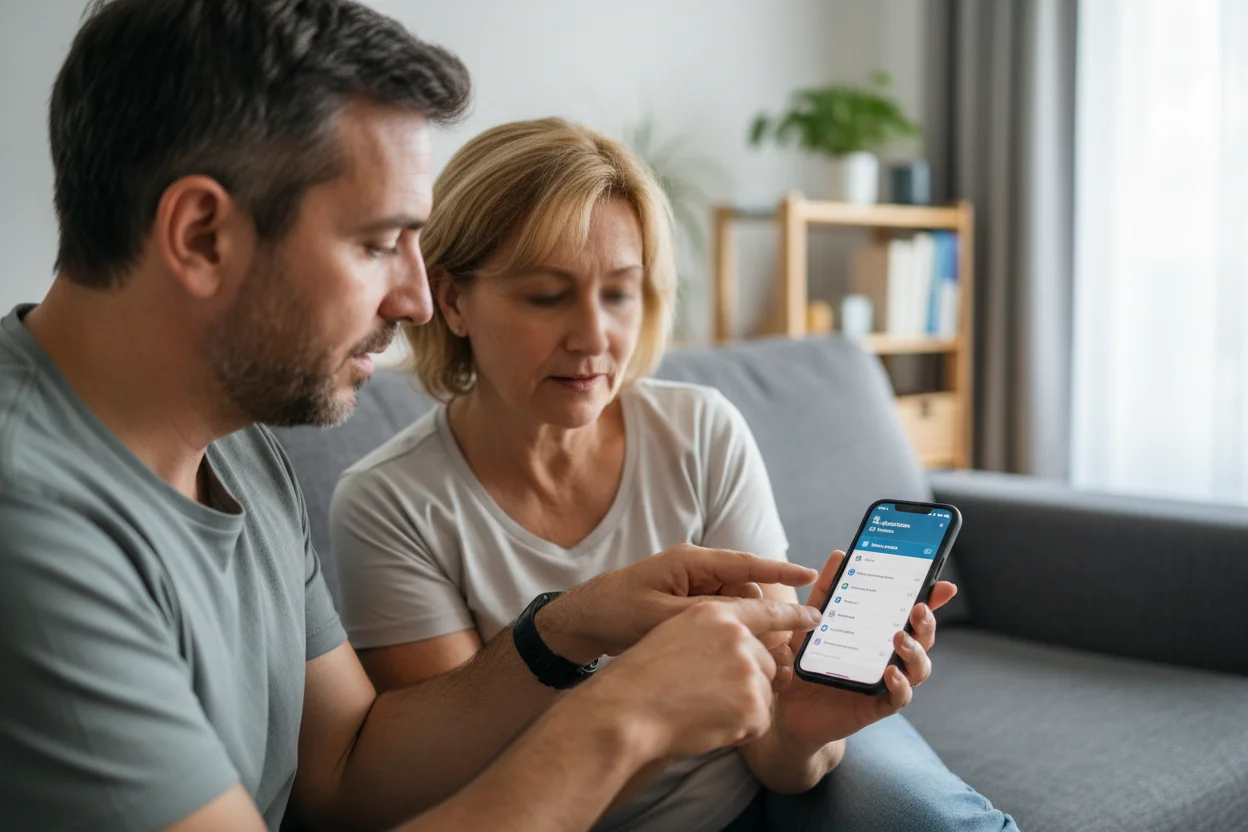 pareja en sofá verificando la opción NFC en los ajustes del móvil