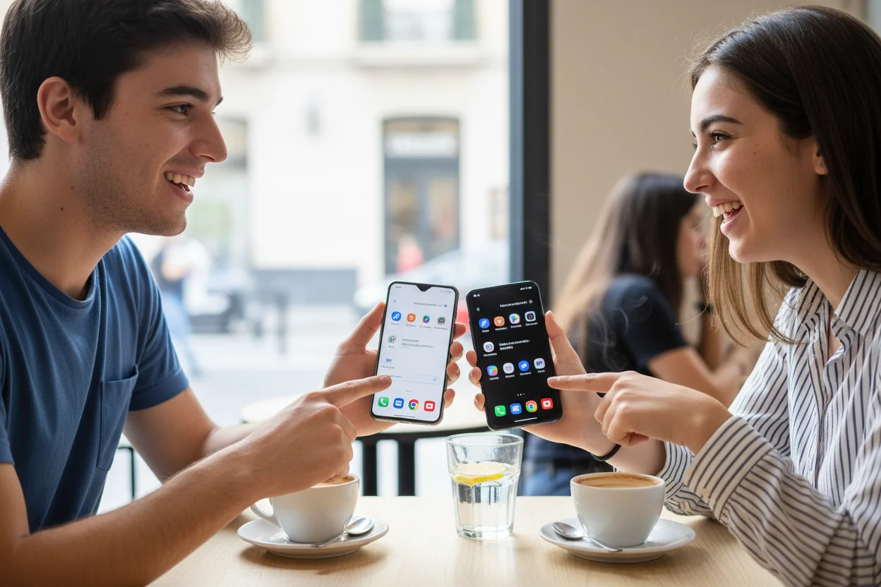 dos amigos en cafetería comparando dos móviles diferentes sobre la mesa
