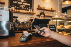 persona pagando con el móvil en la caja de una cafetería con datáfono NFC