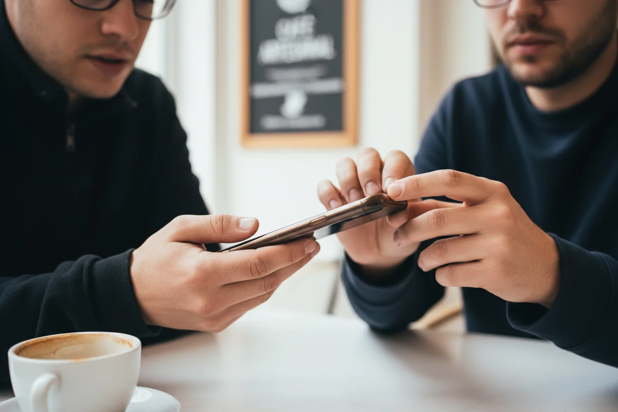 comprador y vendedor revisando smartphone en cafetería antes de cerrar trato