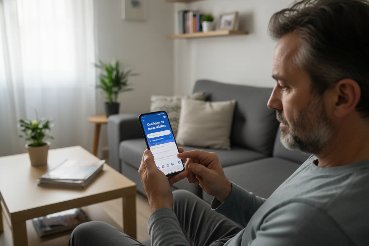 persona configurando móvil recién comprado de segunda mano en el sofá de casa