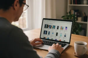 persona buscando móviles de segunda mano en portátil con listados y precios