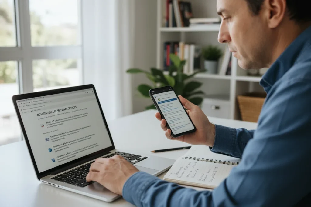 persona investigando la política de actualizaciones de Samsung en portátil con smartphone