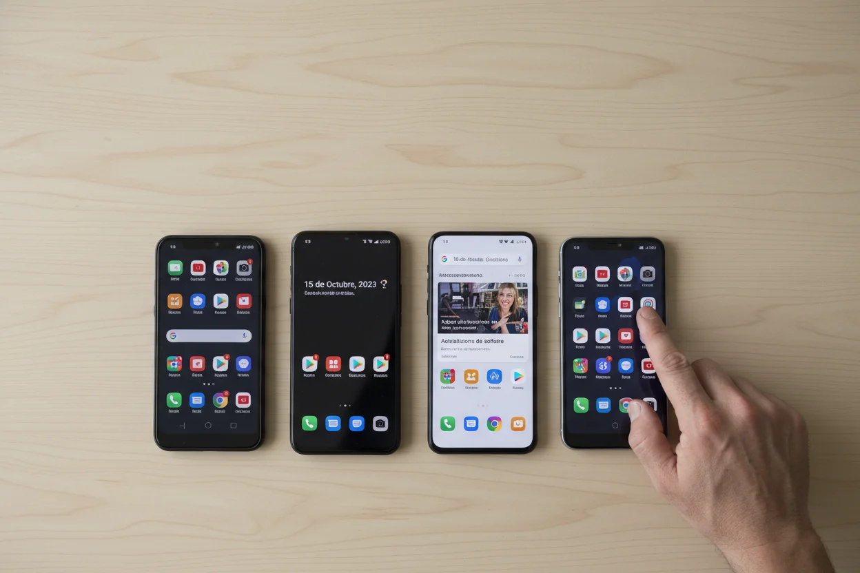 varios móviles Samsung Galaxy de distintas gamas colocados sobre una mesa para comparar antigüedad y soporte