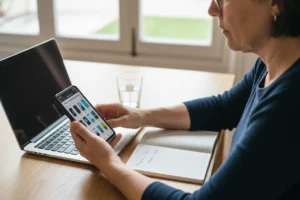 persona buscando opciones de móviles reacondicionados en su teléfono con portátil y libreta