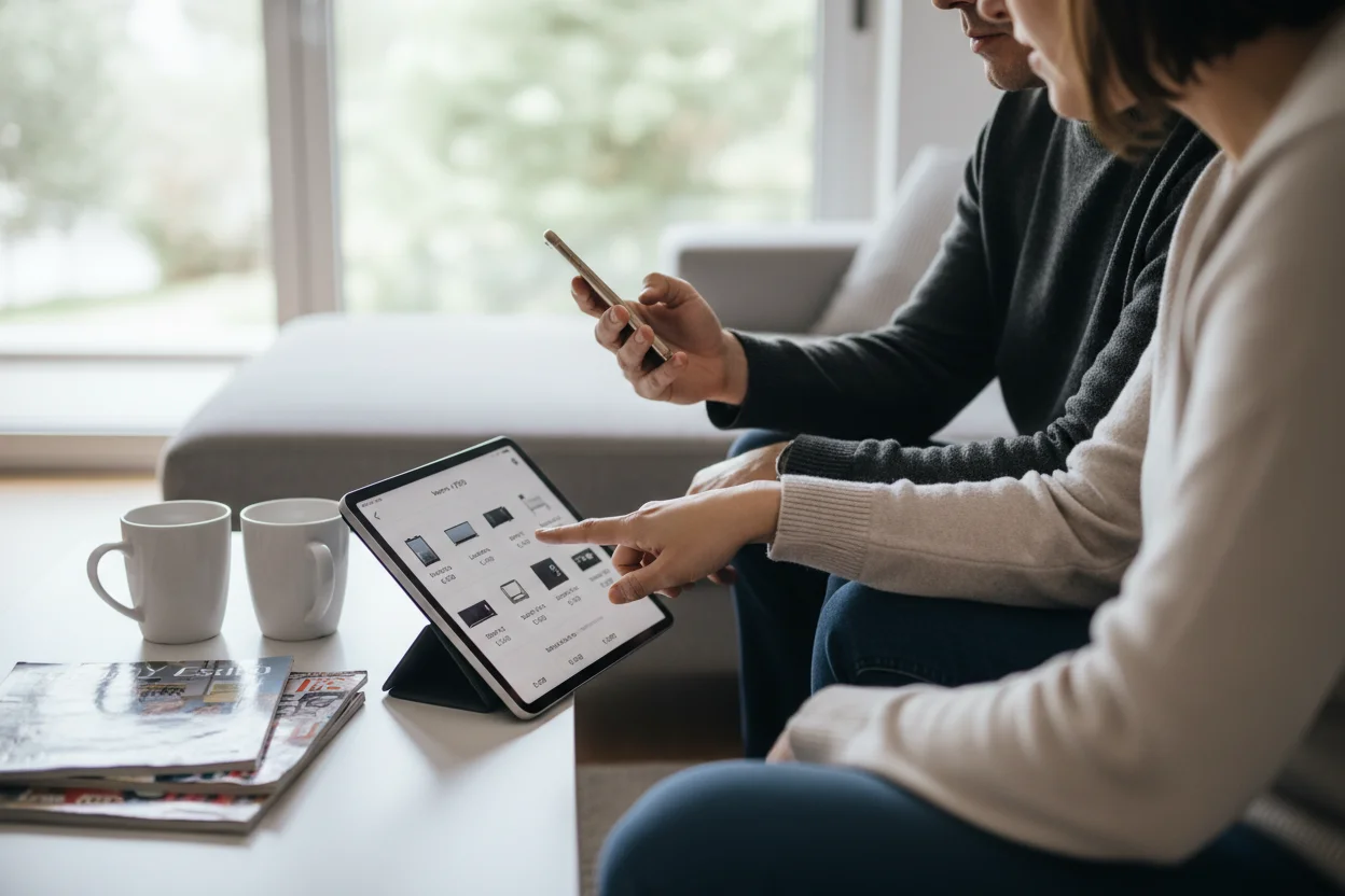 pareja comparando precios de móviles reacondicionados en tablet y teléfono