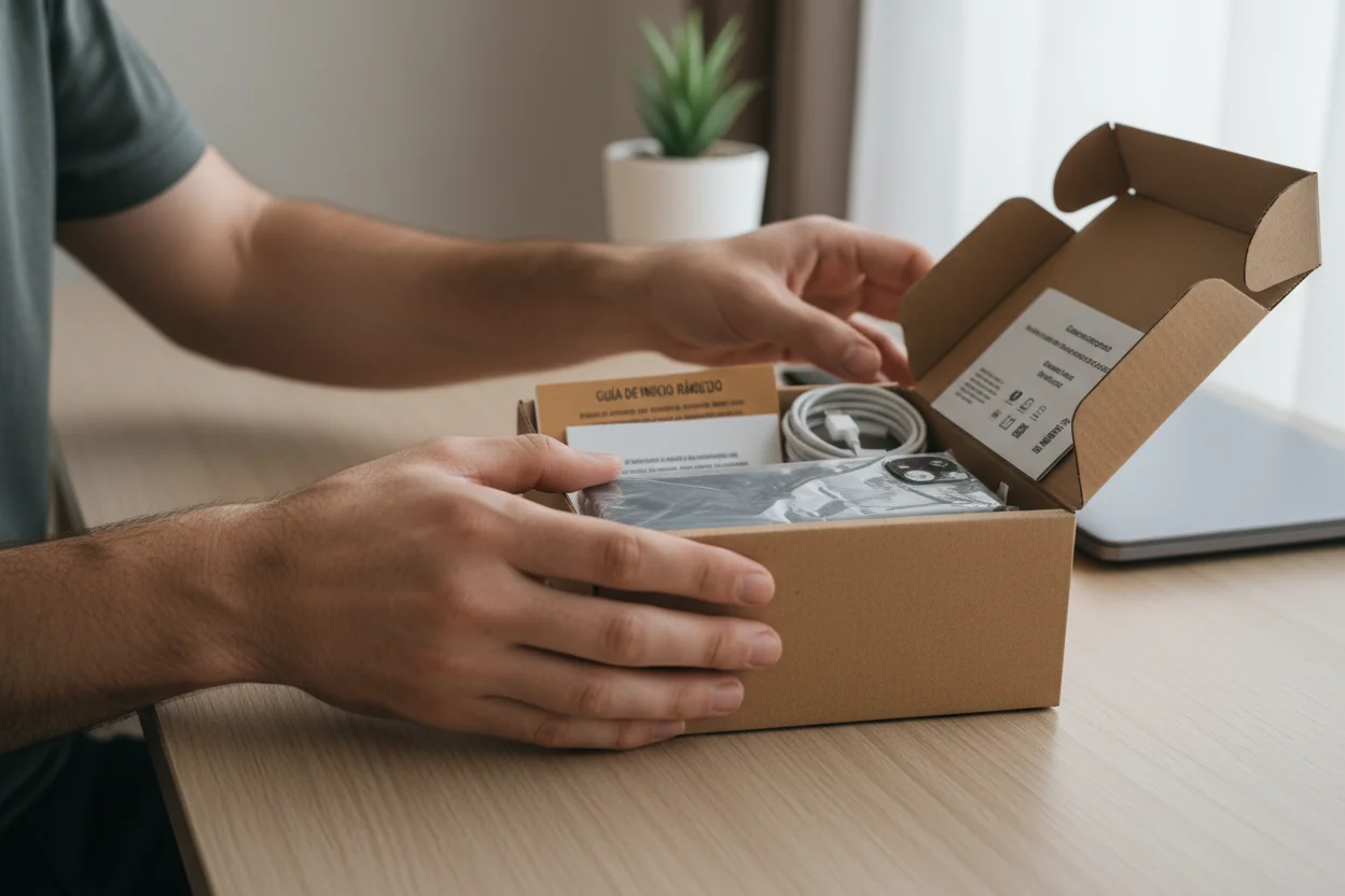 persona revisando un móvil reacondicionado recién recibido junto a su caja