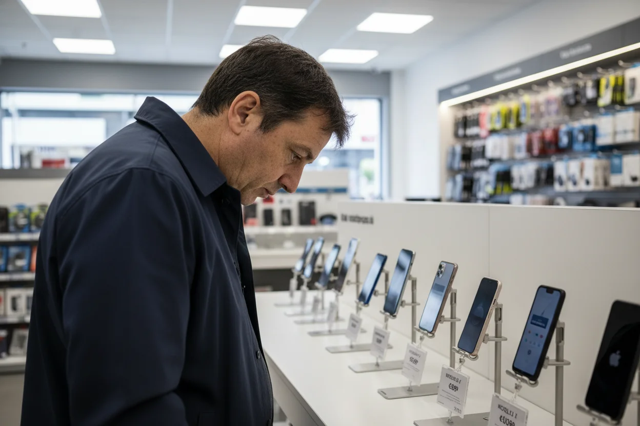 persona eligiendo un móvil de gama alta en una tienda de electrónica con varios modelos en exposición