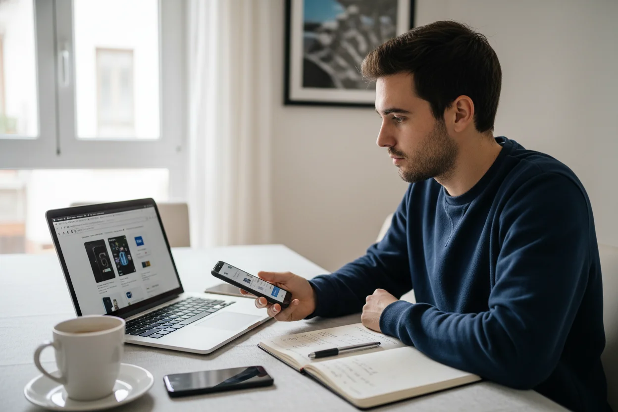 Hombre comparando precios de moviles reacondicionados en varias tiendas online desde su portatil