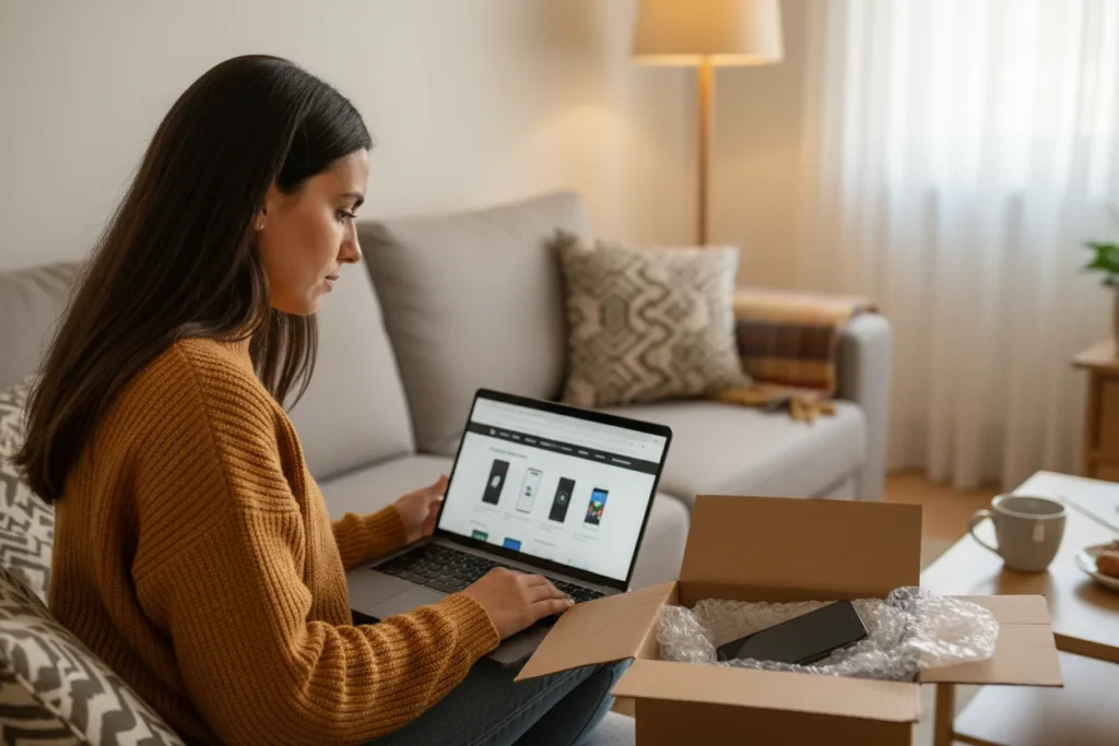 Mujer en sofa evaluando moviles reacondicionados en portatil con caja de mensajeria abierta junto a ella