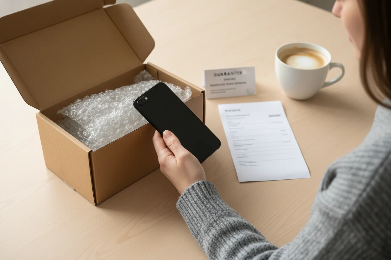 Mano sosteniendo un movil reacondicionado recien llegado en su caja de envio con factura y tarjeta de garantia