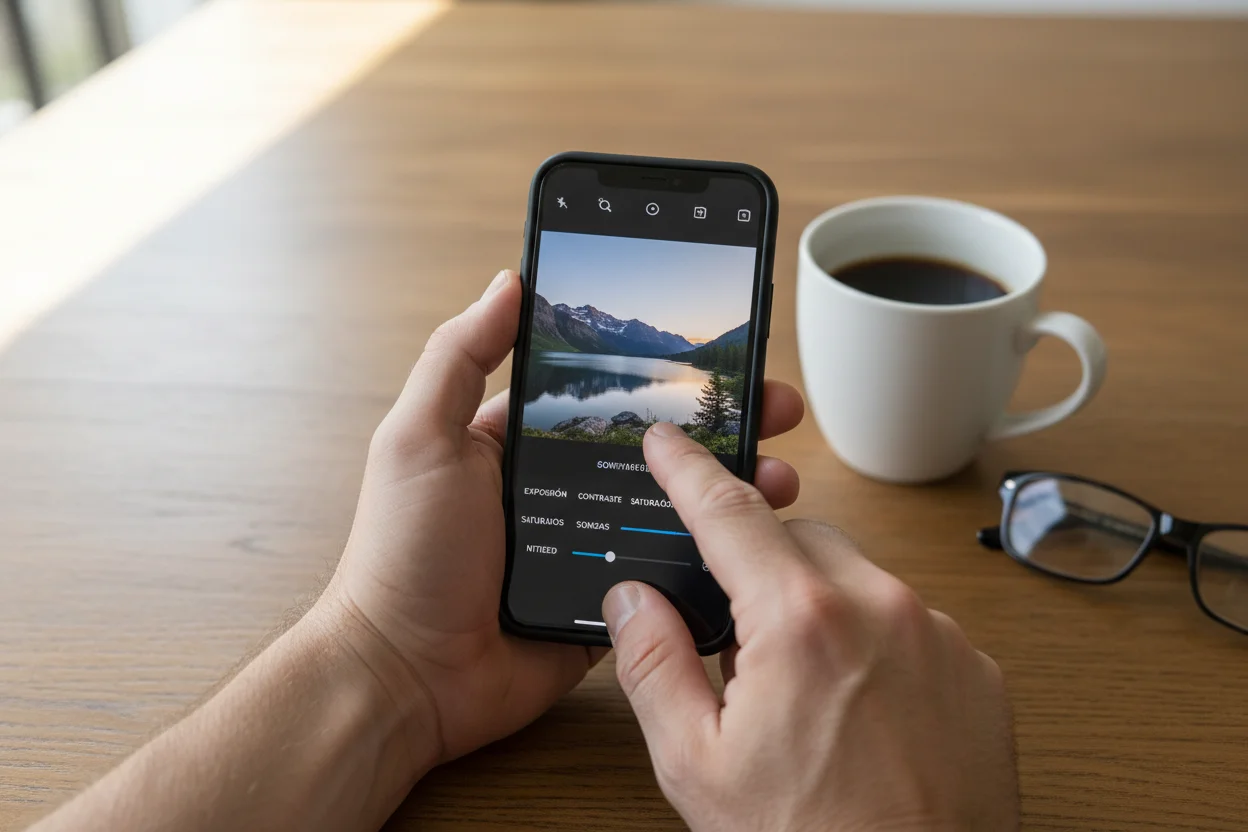 persona usando funciones de inteligencia artificial en su smartphone para editar una foto