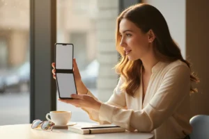 Mujer en cafeteria sosteniendo un movil plegable clamshell abierto con la pantalla interior visible