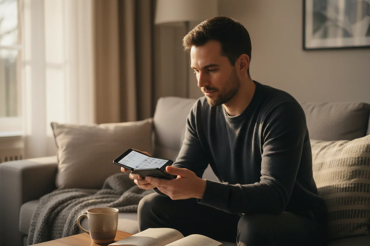 Hombre en el sofa usando un movil plegable tipo libro abierto horizontalmente como tableta pequena