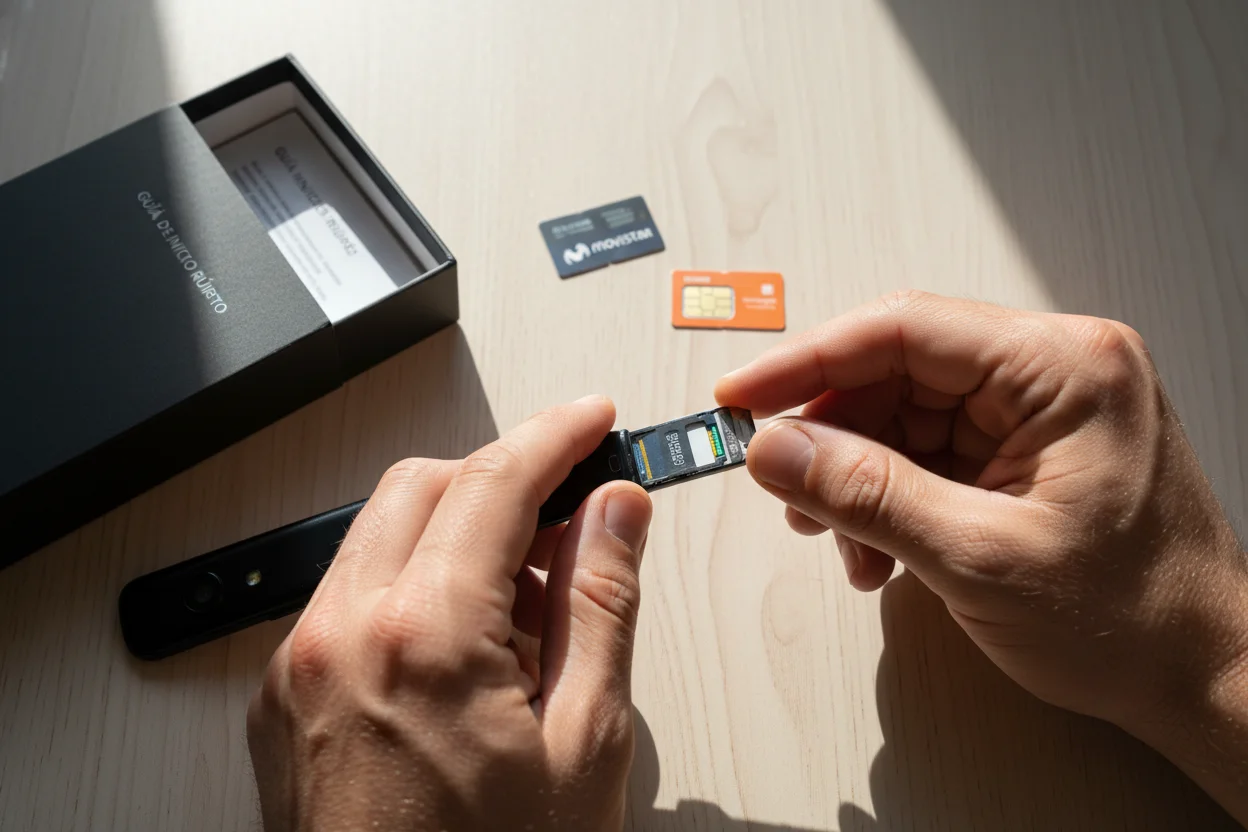 bandeja dual sim abierta con dos tarjetas nano sim junto a smartphone nuevo
