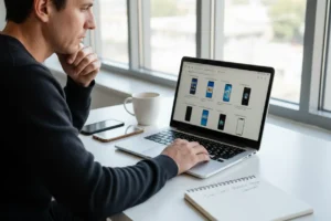 persona comparando moviles dual sim en portatil con dos telefonos en el escritorio