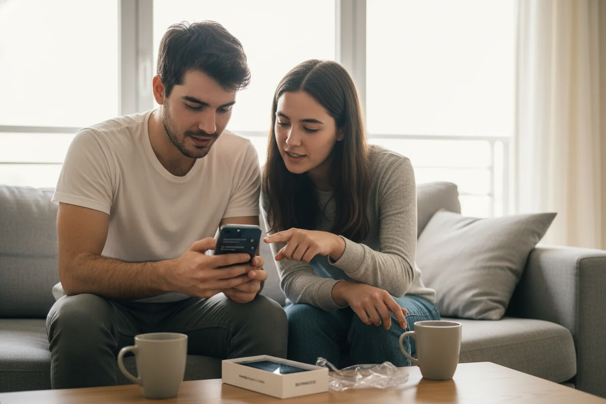 pareja configurando las dos líneas de un móvil dual sim en el salón de casa