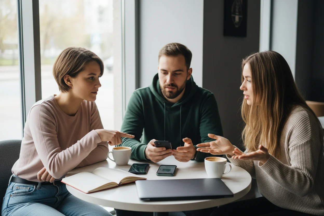 Tres amigos comparando dos moviles reacondicionados en una mesa de cafeteria