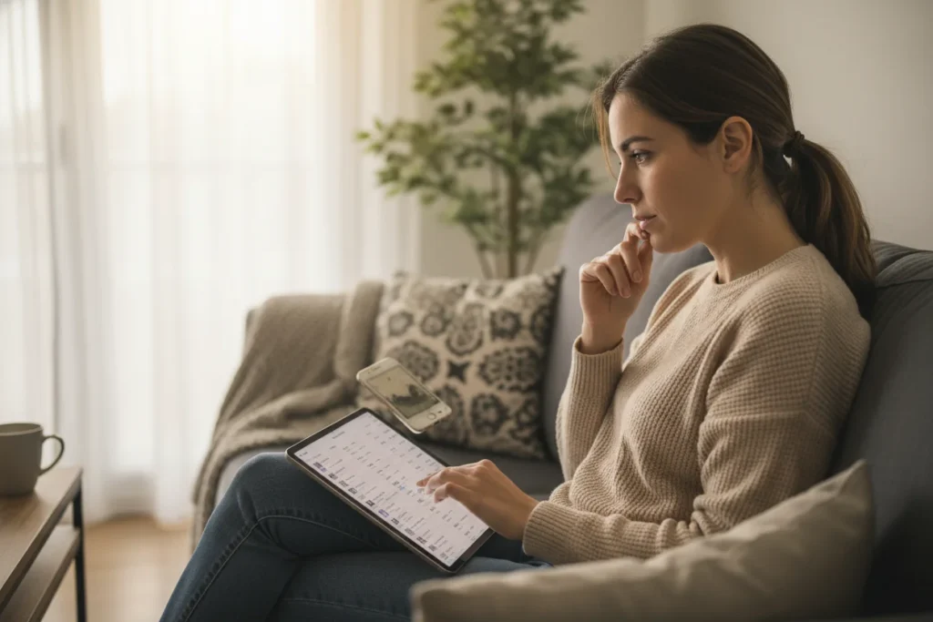 Mujer evaluando opciones para comprar un movil reacondicionado en su salon