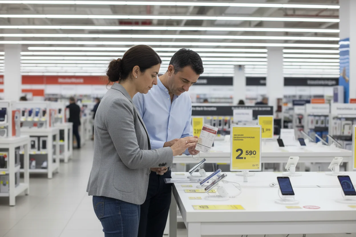 Pareja en tienda de electronica revisando moviles reacondicionados con etiquetas de precio