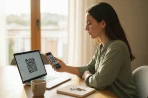 Mujer activando una eSIM en su movil escaneando un codigo QR mostrado en la pantalla del portatil