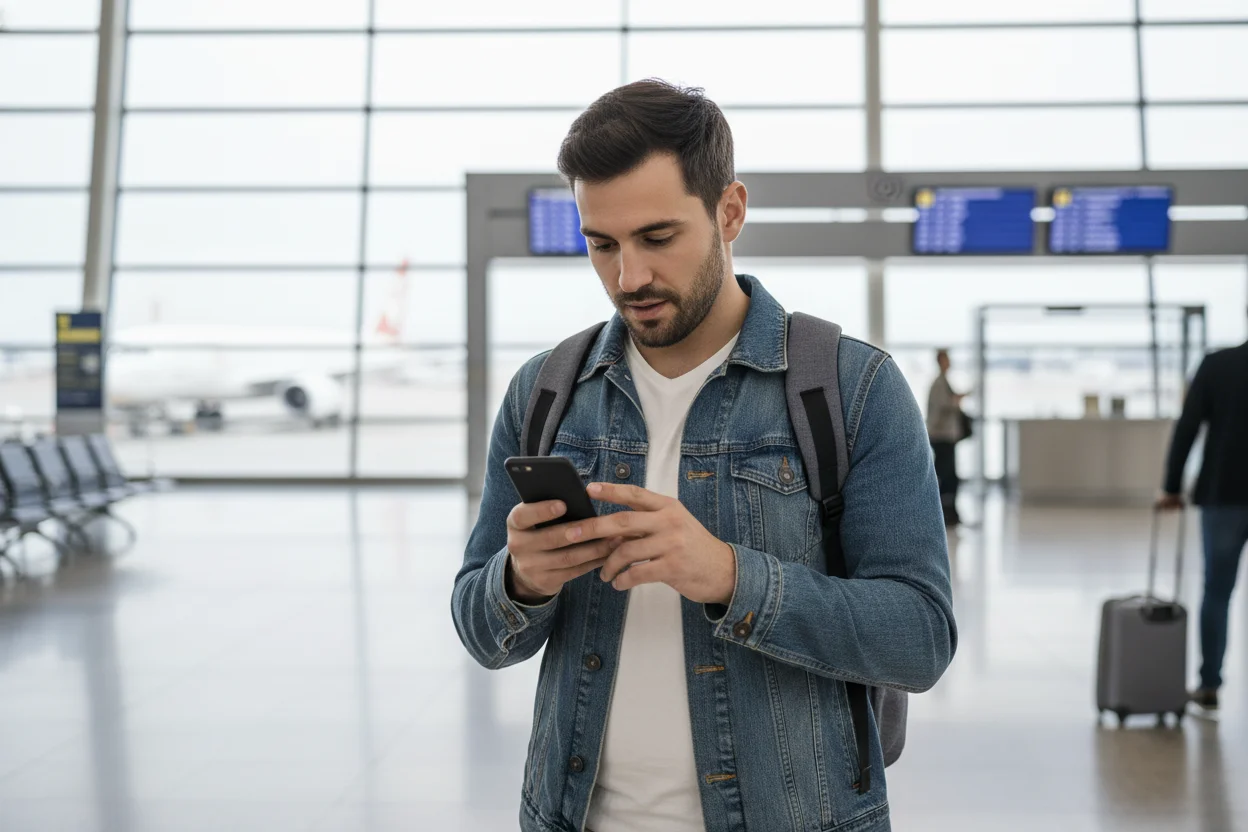 Viajero en la sala de embarque de un aeropuerto consultando su movil con eSIM activada para datos en el extranjero