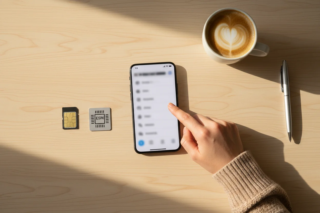Comparativa cenital de una tarjeta SIM fisica nano-SIM y un chip eSIM integrado junto a un movil con la pantalla de ajustes