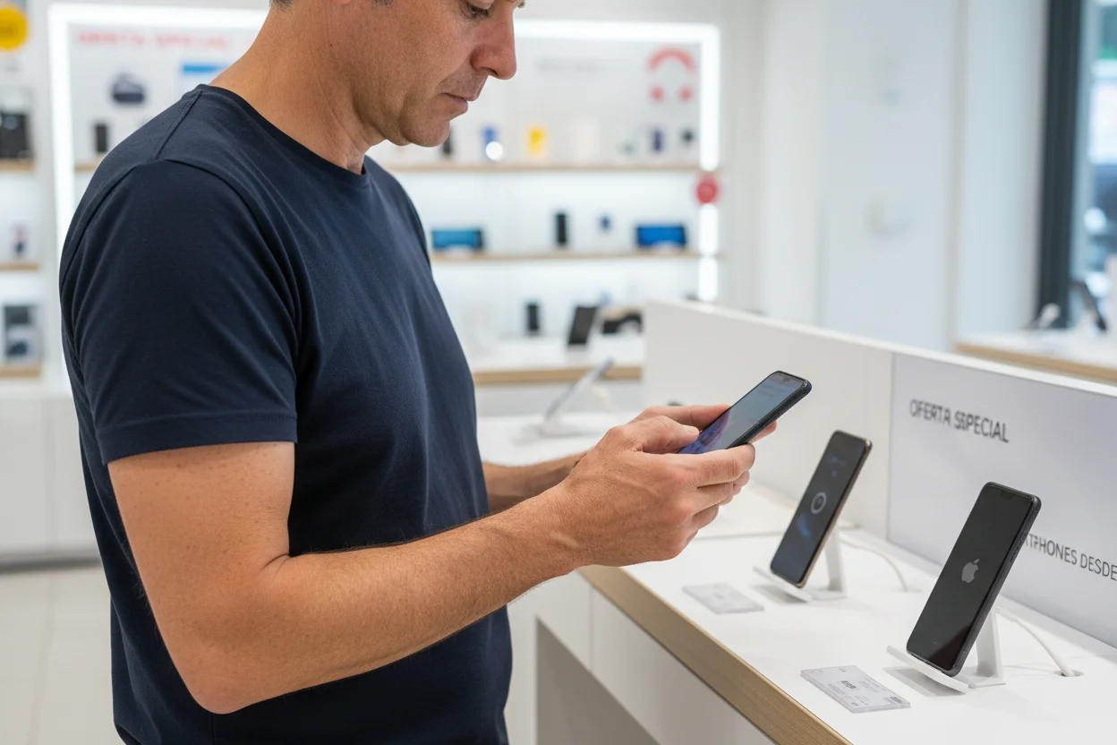 persona eligiendo entre un móvil realme y un Xiaomi en una tienda comparando especificaciones