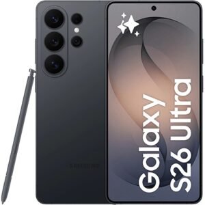 Samsung Galaxy S26 Ultra negro visto por detrás y por delante con S Pen, pantalla AMOLED 6,9 pulgadas