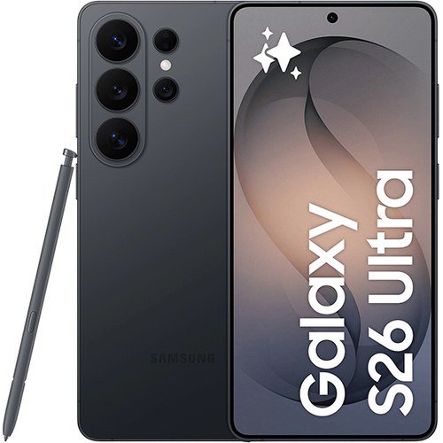 Samsung Galaxy S26 Ultra negro visto por detrás y por delante con S Pen, pantalla AMOLED 6,9 pulgadas