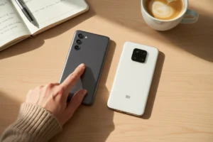 Dos moviles puestos uno al lado del otro sobre una mesa de madera con cuaderno y cafe