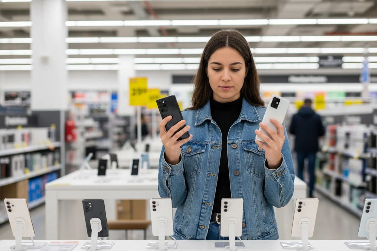 Mujer en tienda de electronica comparando un movil Samsung en una mano y un Xiaomi en la otra