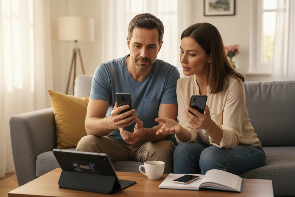 Pareja en el sofa de su salon comparando un movil Xiaomi y otro Samsung durante una conversacion