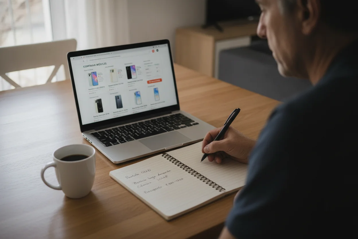 Persona comparando móviles en una tienda online desde casa con el portátil y tomando notas