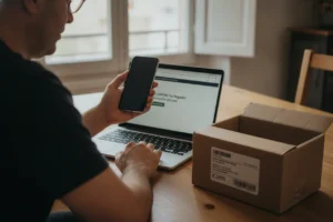 Persona revisando la compra de un móvil recién llegado de AliExpress en casa
