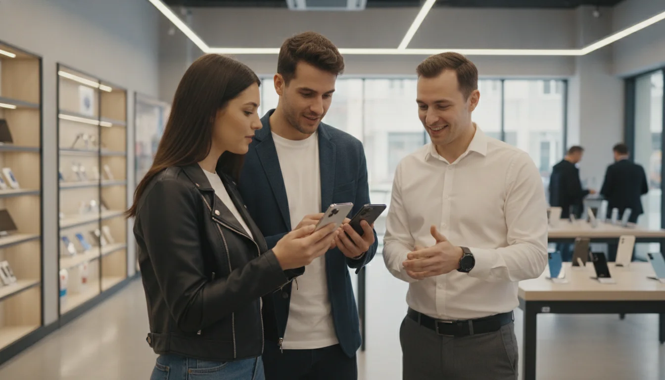 Pareja comparando móviles Xiaomi y POCO en una tienda con ayuda de un vendedor